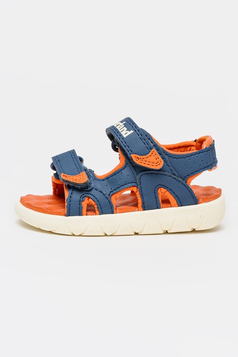Timberland, Sandale de piele ecologica cu velcro Perkins Row, Albastru inchis/Portocaliu inchis