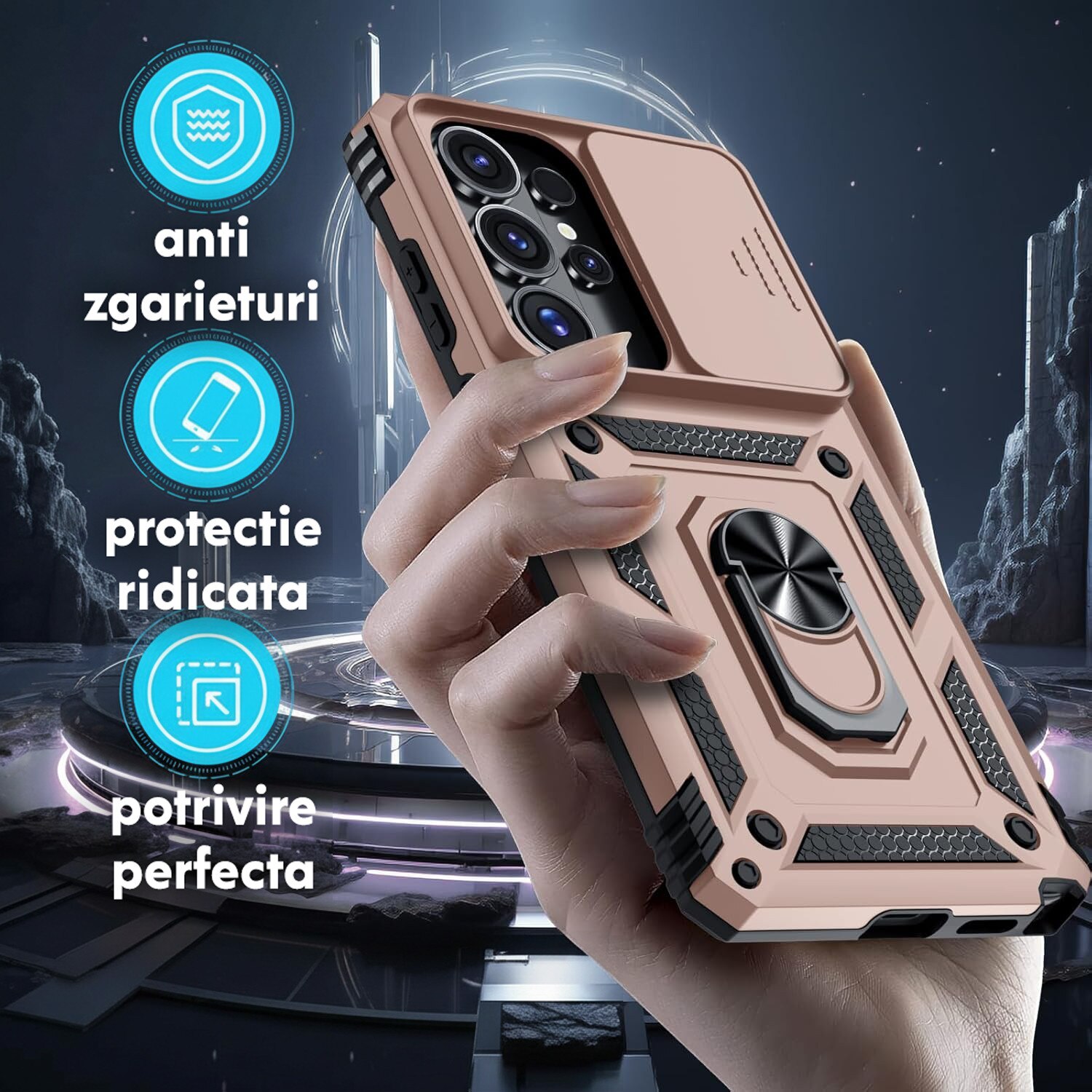 Husa pentru Samsung Galaxy S26 Ultra cu inel rotativ 360 Daden, Camshield series, Hybrid Antisoc, Slider pentru protectia camerei, Auriu rose