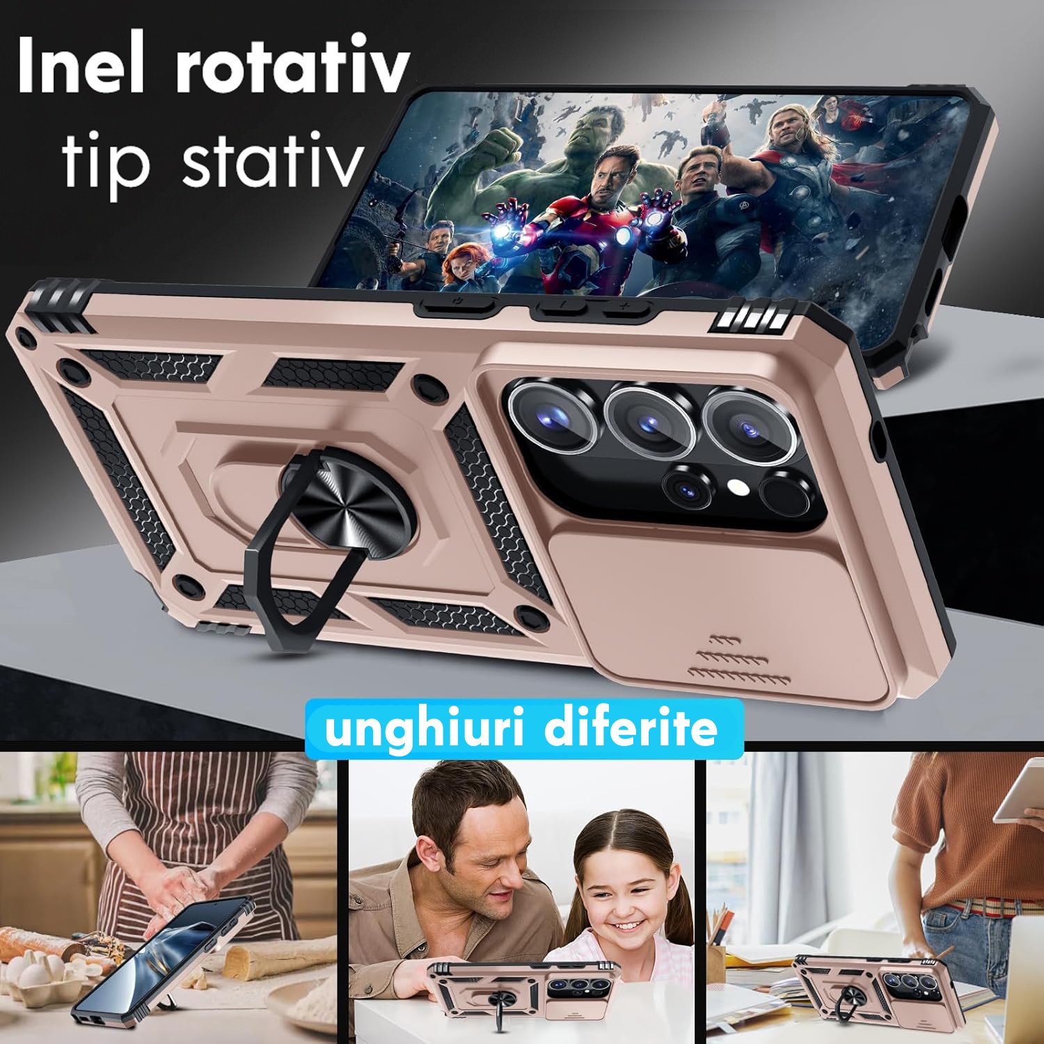 Husa pentru Samsung Galaxy S26 Ultra cu inel rotativ 360 Daden, Camshield series, Hybrid Antisoc, Slider pentru protectia camerei, Auriu rose