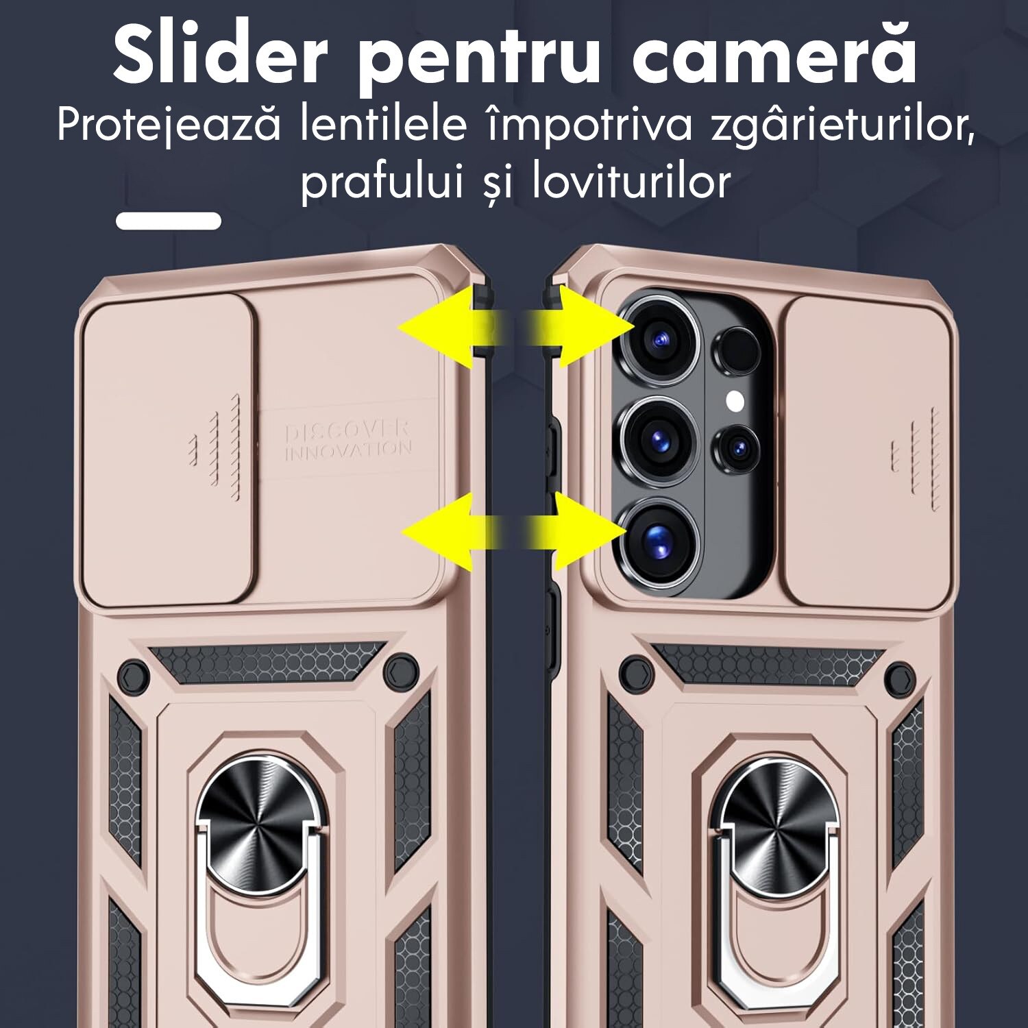 Husa pentru Samsung Galaxy S26 Ultra cu inel rotativ 360 Daden, Camshield series, Hybrid Antisoc, Slider pentru protectia camerei, Auriu rose