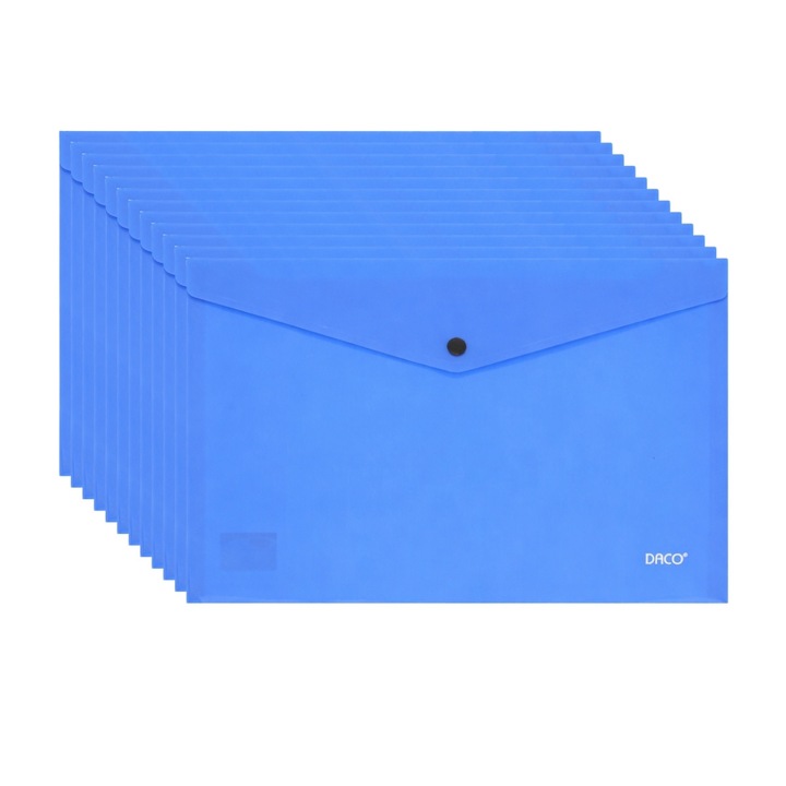 Set 12 mape plastic cu buton A4 Daco, 200 microni, Albastru