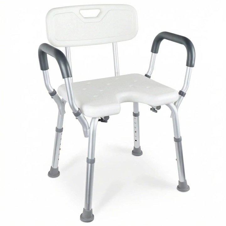 Scaun pentru Cada si Dus Elindor® cu Spatar si Maner Detasabile, Scaun Baie pentru Varstnici, Seniori si Persoane cu Dizabilitati, Ajustabil pe Inaltime, Greutate Maxima Suportata 150 kg, 40 × 53 × 70–86 cm, Alb/Gri