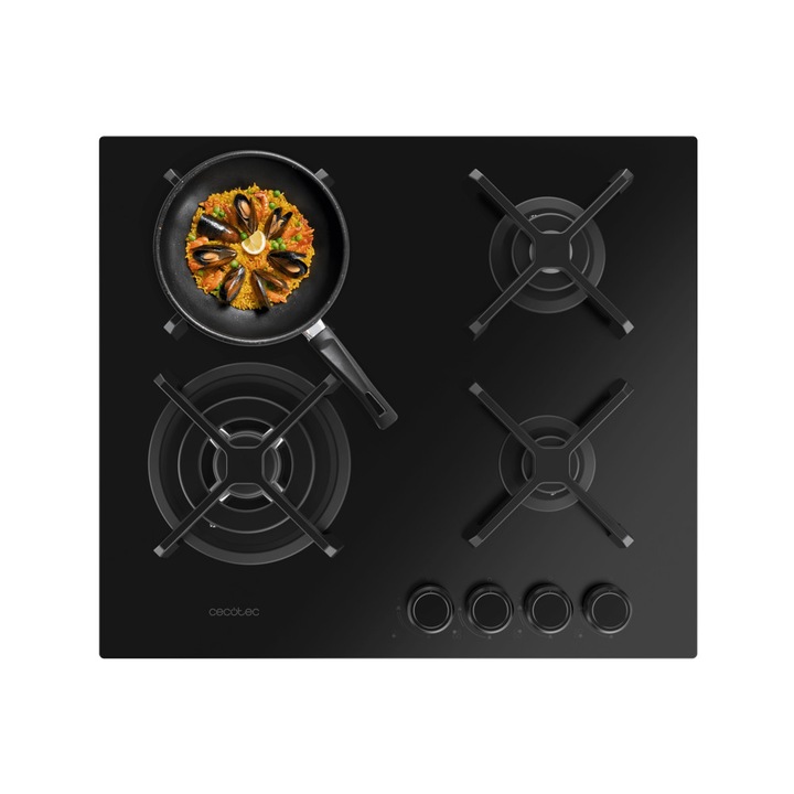 Plita incorporabila pe gaz Cecotec, Bolero Squad G, 58 cm, 8 kW, 4 arzatoare, arzator WOK 3.4 kW, 2 arzatoare semi-rapide 1.8 kW, arzator auxiliar, grilaje din fonta solida, panou de control mecanic, aprindere electrica, finisaj nano-sticla mata, negru