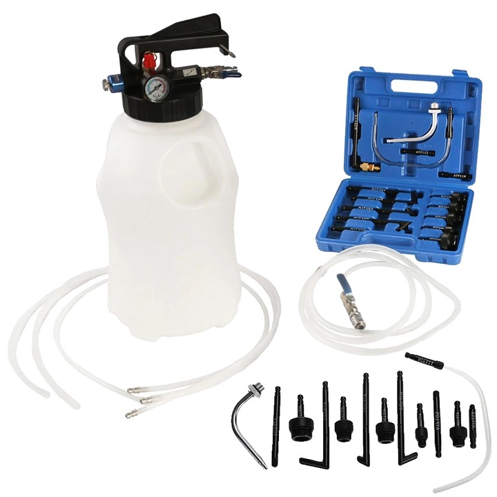 Dispozitiv multifunctional pentru umplere si extragere ulei 8785371111808, supapa de siguranta pre-reglata, manometru, set adaptoare, alb/negru, 10 L