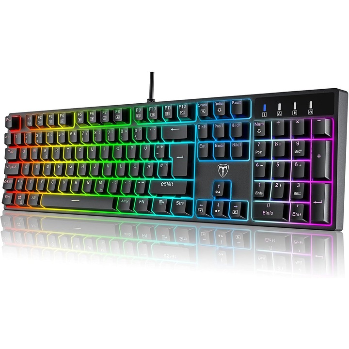 Геймърска механична клавиатура QWERTZ RGB, сини суичове, 104 клавиша