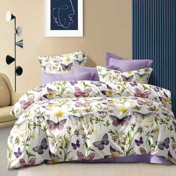 Lenjerie pat dublu Economy 6 piese, cearsaf pat cu husa 180x200 cm si pilota 200x230 cm, 2 fete perne 50x70 si 2 fete perna 70x70, Fluturi Crem/Mov ECNH43
