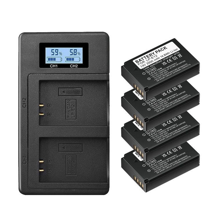 Set 4 acumulatori cu incarcator, 2000mAh, compatibili cu camere Canon