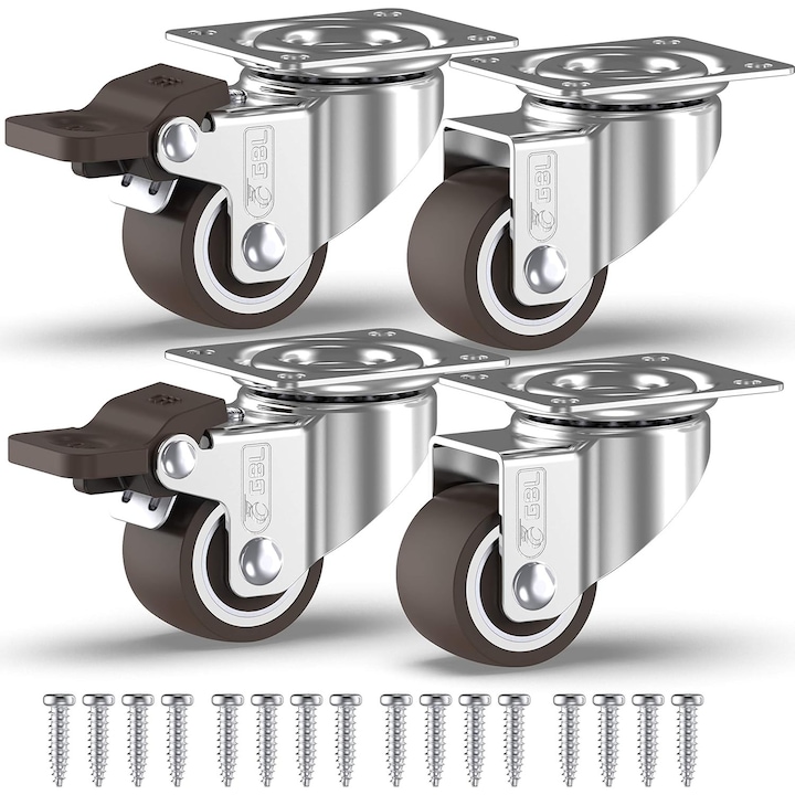 Set 4 roti pivotante GBL, pentru transport, 25 mm, cu 2 frane, argintiu, sarcina maxima de incarcare 40 kg