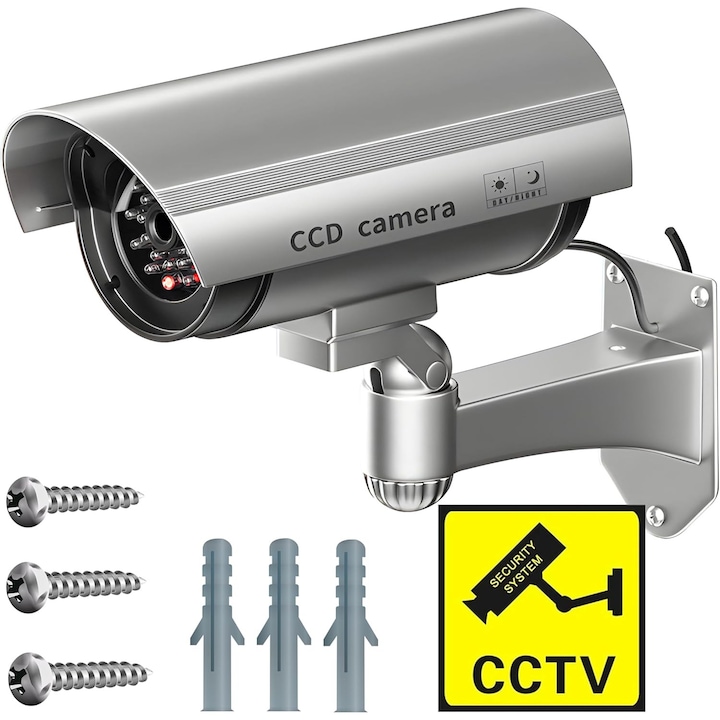 Camera de supraveghere falsa cu bec LED rosu intermitent, Dummy CCTV exterior si interior, rezistenta la intemperii, carcasa realista, montare tavan sau perete, argintiu
