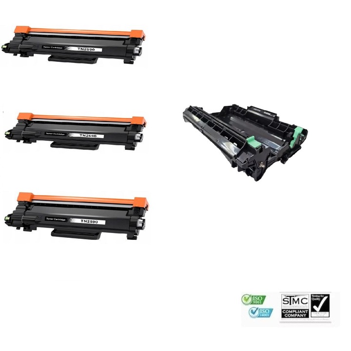Set 1 drum unit compatibil DR2590 DR-2590, 15000 pagini + 3 cartuse toner compatibile TN-2590 TN2590, 1200 pagini fiecare, pentru BROTHER HL-L2460DN HL-L2442DW HL-L2402D DCP-L2640DN DCP-L2600D DCP-L2622DW MFC-L2922DW MFC-L2862DW MFC-L2802DN MFC-L2802DW