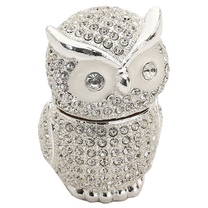 Cutie decorativa de bijuterii, model bufnita, argintie cu cristale, 7.6x5.5x4 cm