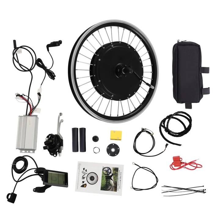Kit conversie bicicleta electrica, Motor butuc fata, 500W 340 RPM, Pentru roti 50, 8 cm, Manete frana cu intrerupere, Compatibil V-brake/disc, Negru