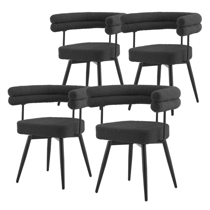 Set de 4 scaune de sufragerie ML-Design rotative la 360°, gri inchis din tesatura Teddy, cotiere si spatar, mobilier ergonomic modern tapitat cu picioare din metal, pretabile bucatarie, birou