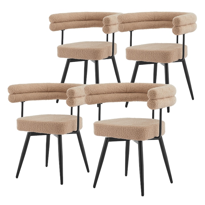 Set de 4 scaune de sufragerie ML-Design rotative la 360°, maro din tesatura Teddy, cotiere si spatar, mobilier ergonomic modern tapitat cu picioare din metal, pretabile bucatarie, birou