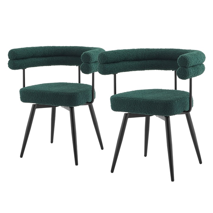 Set de 2 scaune de sufragerie ML-Design rotative la 360°, verde inchis din tesatura Teddy, cotiere si spatar, mobilier ergonomic modern tapitat cu picioare din metal, pretabile bucatarie, birou