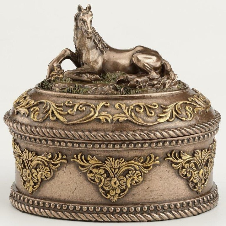 Cutie decorativa de bijuterii, model cal asezat, polirasina acoperita cu strat de bronz, 9.5x10x7 cm
