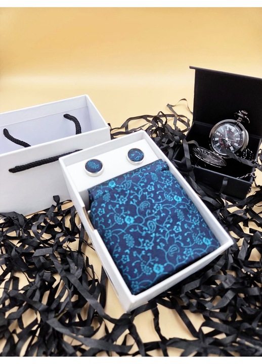 Set Festive blue, 4 piese, cravata, butoni, batista si ceas buzunar