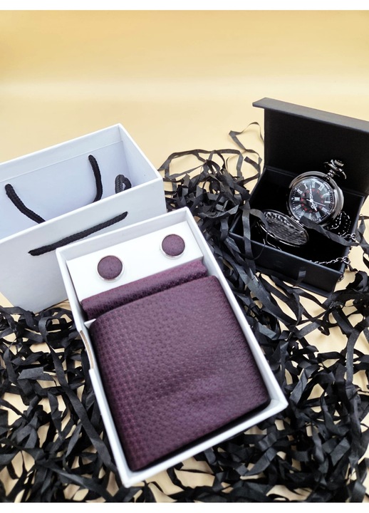 Set Festive burgundy, 4 piese, cravata, butoni, batista si ceas buzunar