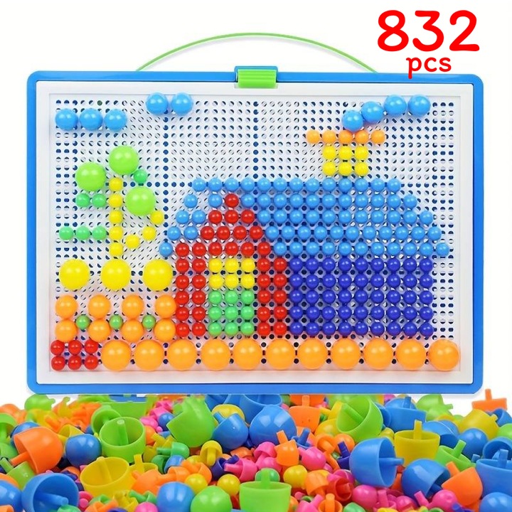 Joc creativ mozaic RCO® cu pioneze multicolore si cutie de depozitare din plastic, 832 piese in trei dimensiuni, 3+ ani, WP3024