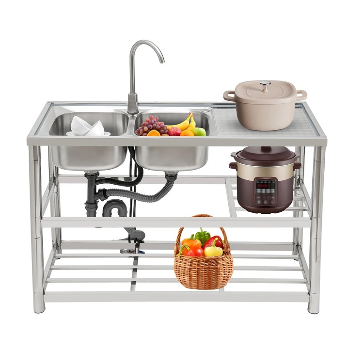 Chiuveta dubla bucatarie, inox, robinet rotativ 360, argintiu, 2x rectangular