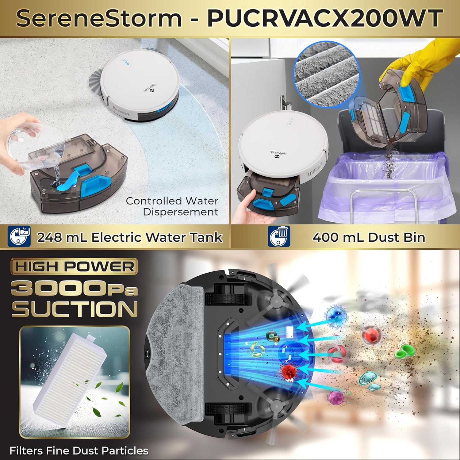 Aspirator robot, SereneLife, 4 moduri de curățare, 4400mAh, control prin aplicație, alb