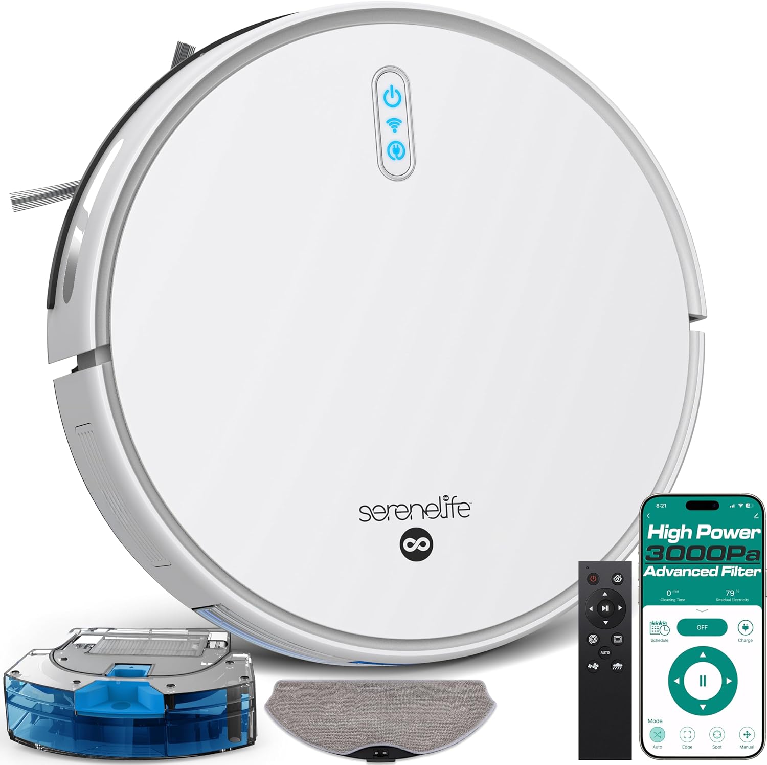 Aspirator robot, SereneLife, 4 moduri de curățare, 4400mAh, control prin aplicație, alb