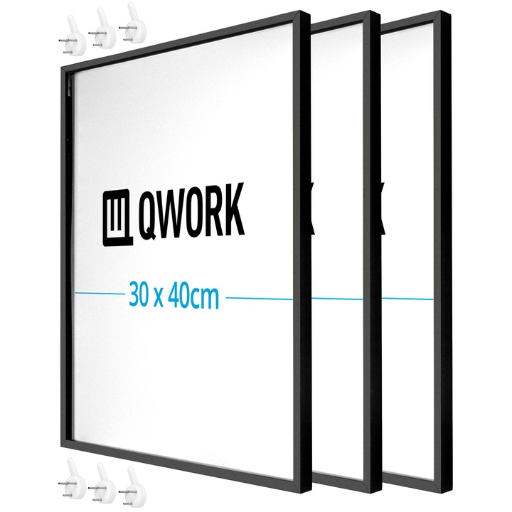 Set de 3 rame foto din aluminiu QWORK®, 30 x 40 cm, plexiglass, rama neagra