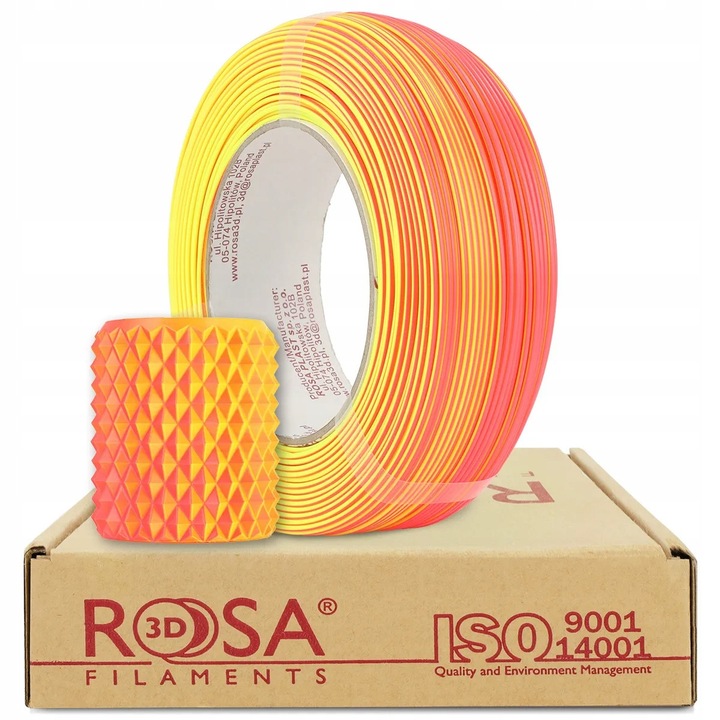 Filament 3D, Rosa3D, Refill PLA Magic Neon Sunrise, Diametru 1.75 mm, Efect Special Bicolor, Fara Contractie, Fara Miros, Cu Calitate Superioara A Suprafetei, Usor De Imprimat, Pentru Imprimare 3D, Obiect Decorativ, 0.5 kg, Portocalie/Galben/Neon