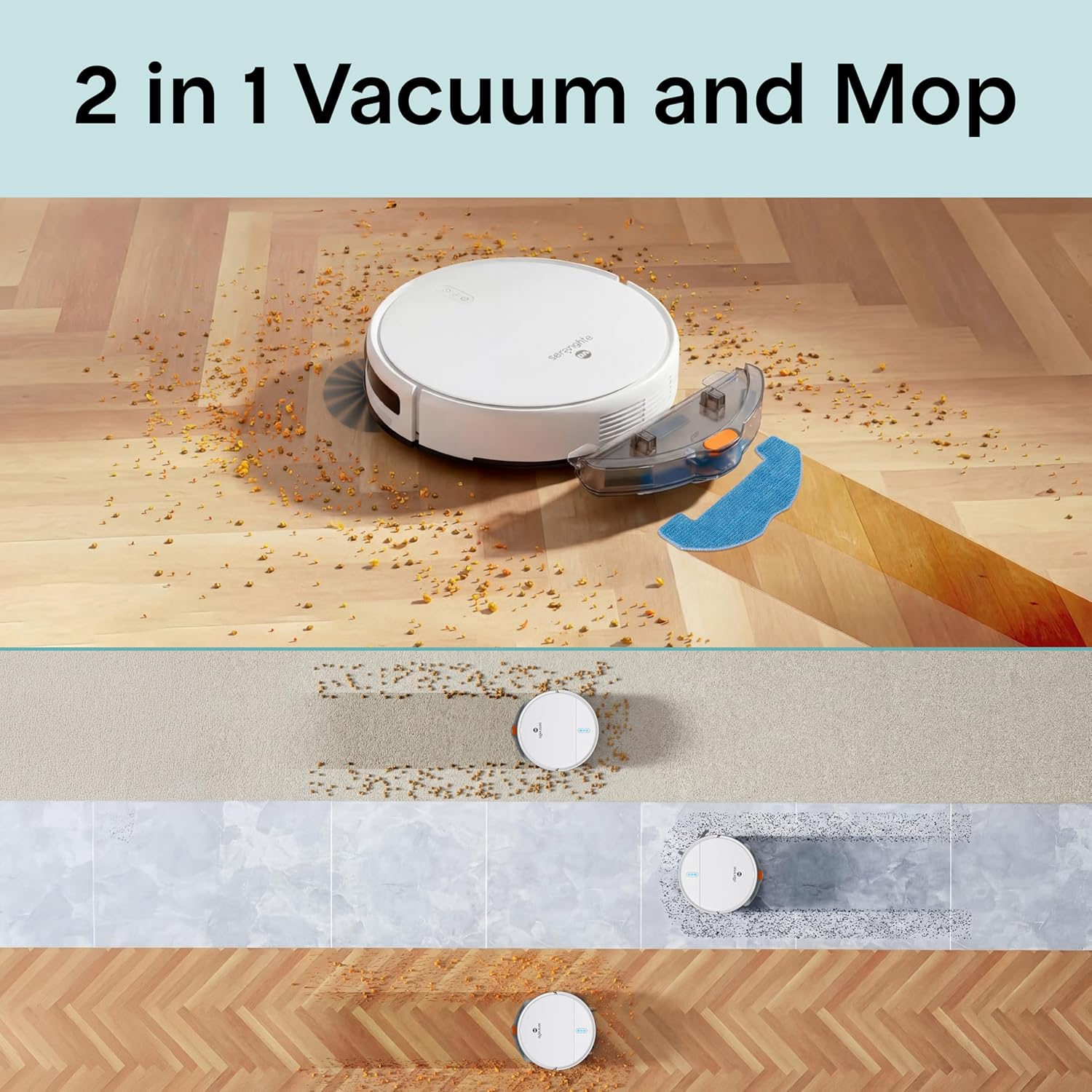 Aspirator robot si mop, SereneLife, 3 moduri de curatare, control prin aplicatie, alb