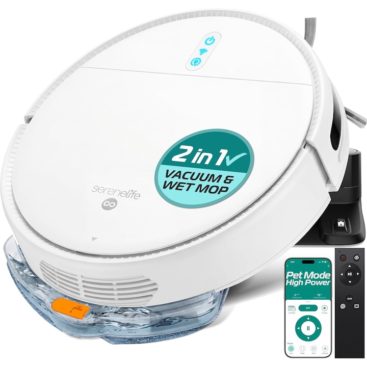 Aspirator robot si mop, SereneLife, 3 moduri de curatare, control prin aplicatie, alb