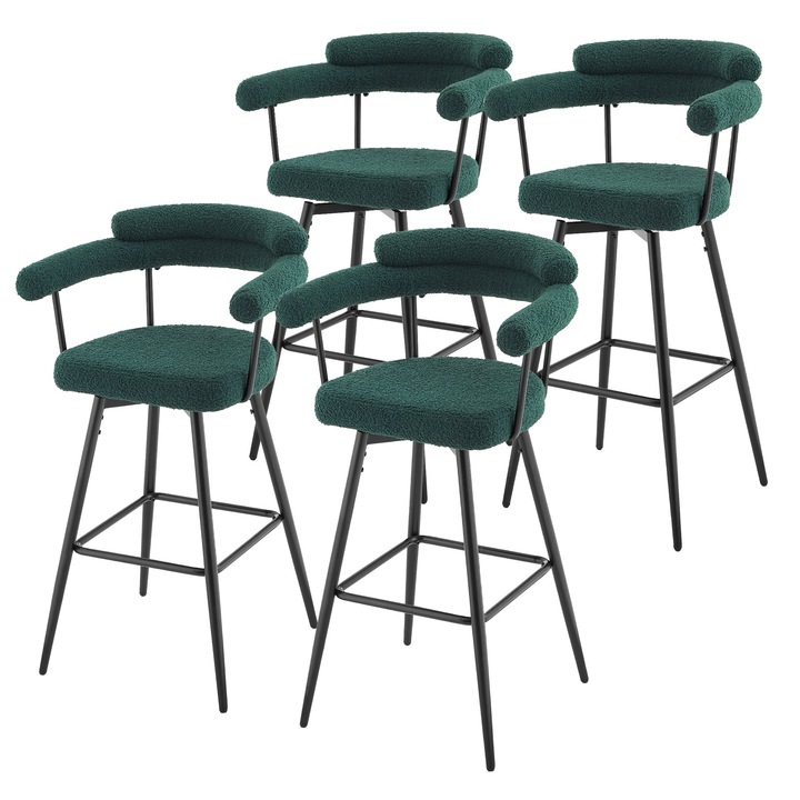 Set de 4 scaune de bar ML-Design rotative la 360°, verde inchis din tesatura Teddy, intaltime 76 cm, cotiere si spatar, mobilier bistro modern tapitat cu picioare din metal, potrivite pentru bucatarie