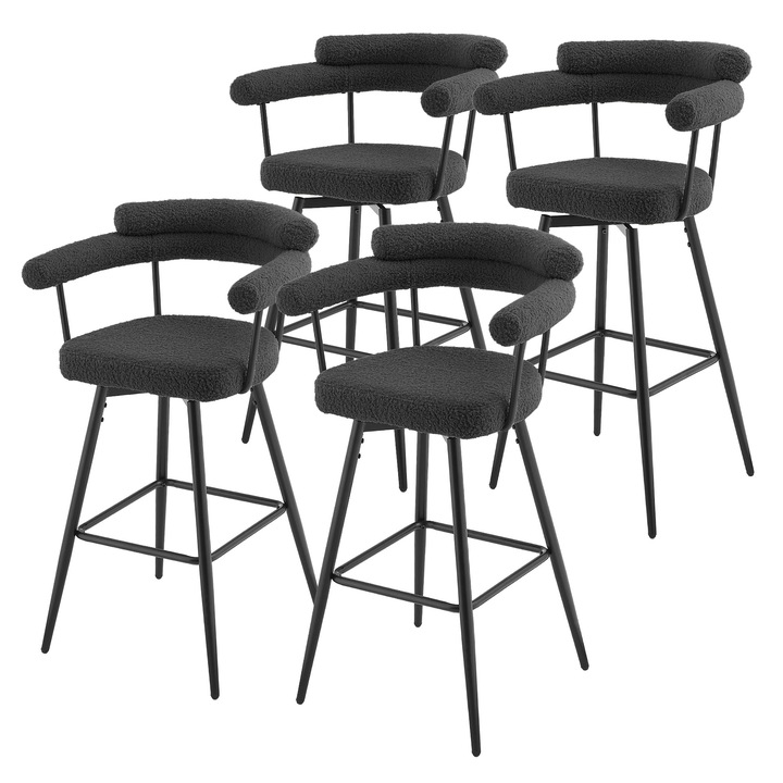 ML-Design 4 db bárszék készlet 360°-ban forgatható, sötétszürke Teddy szövet, 76 cm magas, karfás és háttámlás, modern kárpitozott bisztró bútor fém lábakkal, konyhába alkalmas