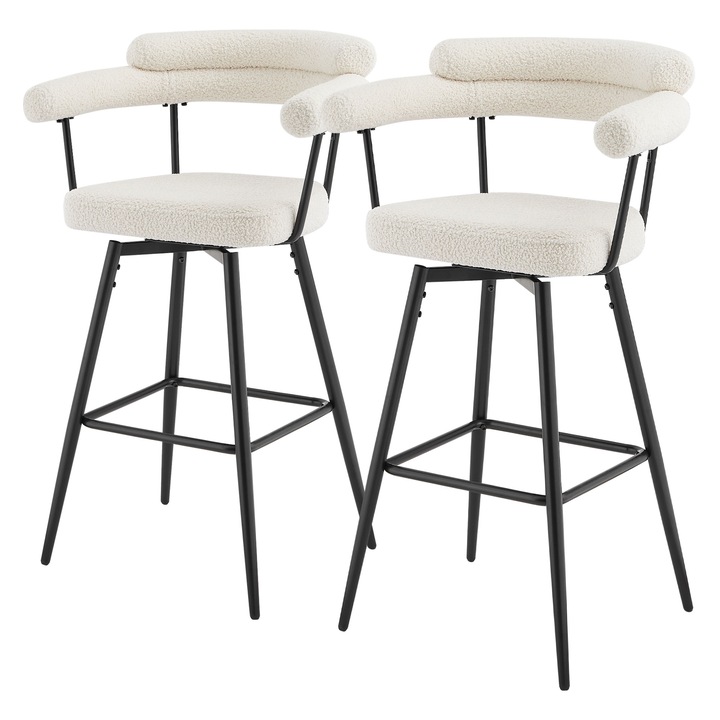 Set de 2 scaune de bar ML-Design rotative la 360°, beige din tesatura Teddy, intaltime 76 cm, cotiere si spatar, mobilier bistro modern tapitat cu picioare din metal, potrivite pentru bucatarie