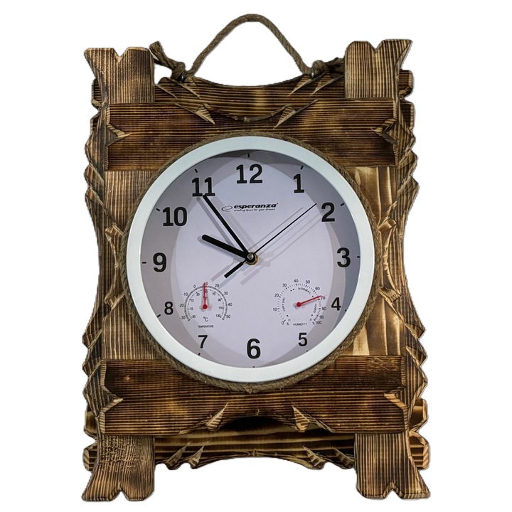 Ceas de perete Greenelsol, rustic, din lemn masiv, 55x38cm, cu termometru și senzor de umiditate