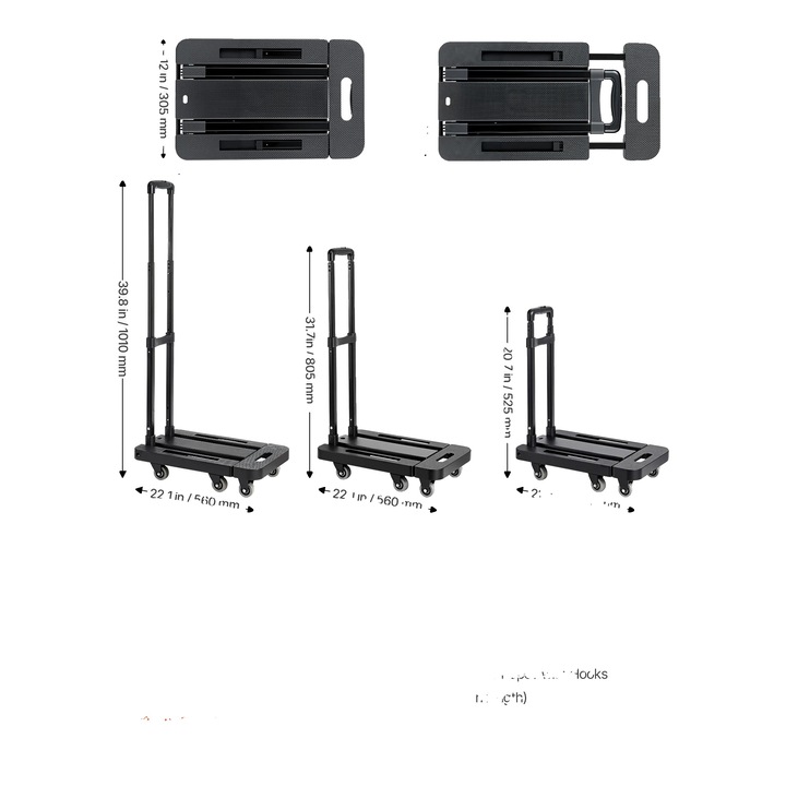 Сгъваема транспортна количка, товароносимост 500 lbs, компактен дизайн, размери 22.1x12x39.8 инча, 6 колела