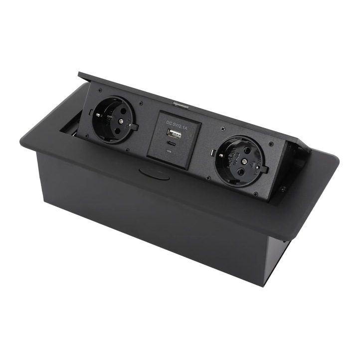 Priză de blat incorporabilă, 2 prize AC, USB-A și USB-C, Negru, 1.8m