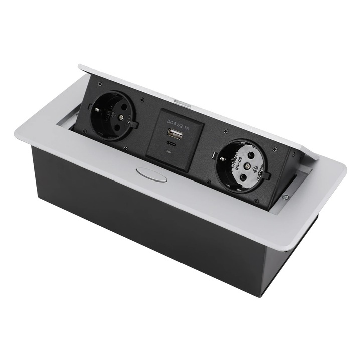 Вграден удължител, 2 AC контакта, USB портове за зареждане, сребрист