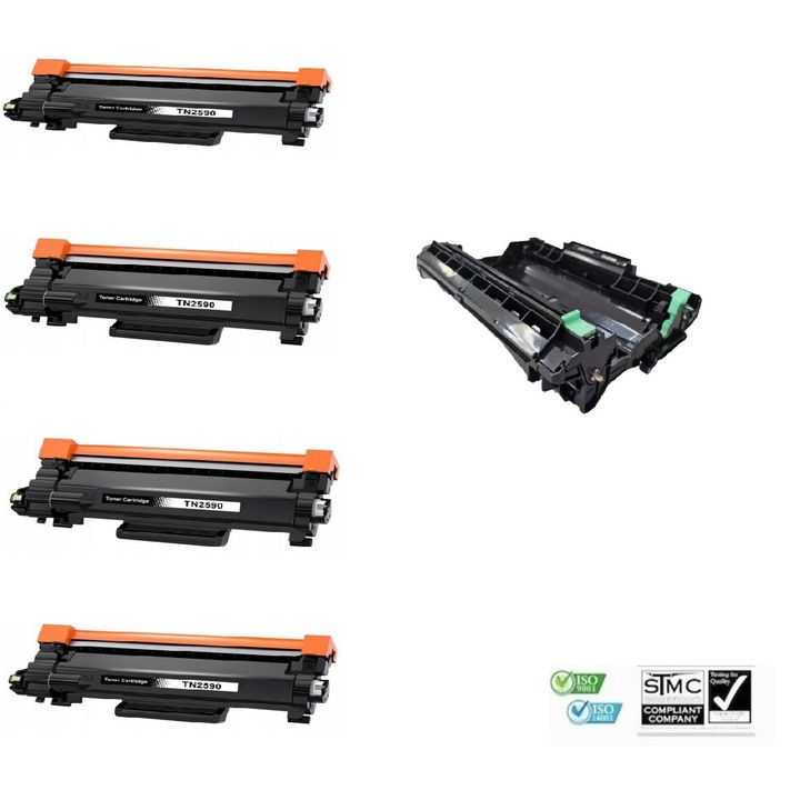 Set 1 drum unit compatibil DR2590 DR-2590, 15000 pagini + 4 cartuse toner compatibile TN-2590 TN2590, 1200 pagini fiecare, pentru BROTHER HL-L2460DN HL-L2442DW HL-L2402D DCP-L2640DN DCP-L2600D DCP-L2622DW MFC-L2922DW MFC-L2862DW MFC-L2802DN MFC-L2802DW