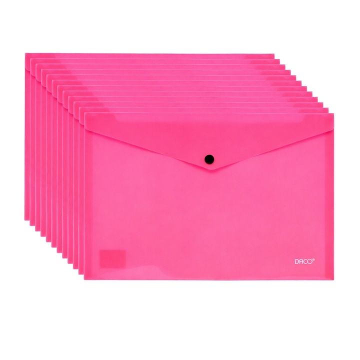 Set 12 mape plastic cu buton A4 Daco, 200 microni, Roz