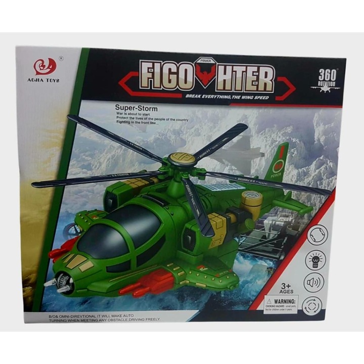 Elicopterul militar de jucarie porneste cu lumini colorate. Elicea se roteste rapid, iar sunetul imita un elicopter real. Se deplaseaza inainte, pregatit pentru o misiune de joaca plina de actiune