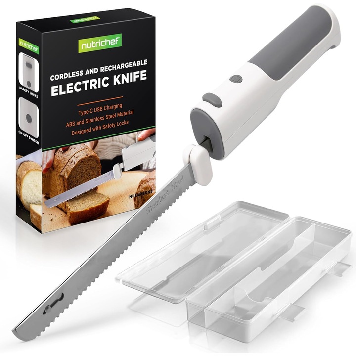 Cutit electric NutriChef, multifunctional, cu maner ergonomic, otel inoxidabil, alb si gri, set complet