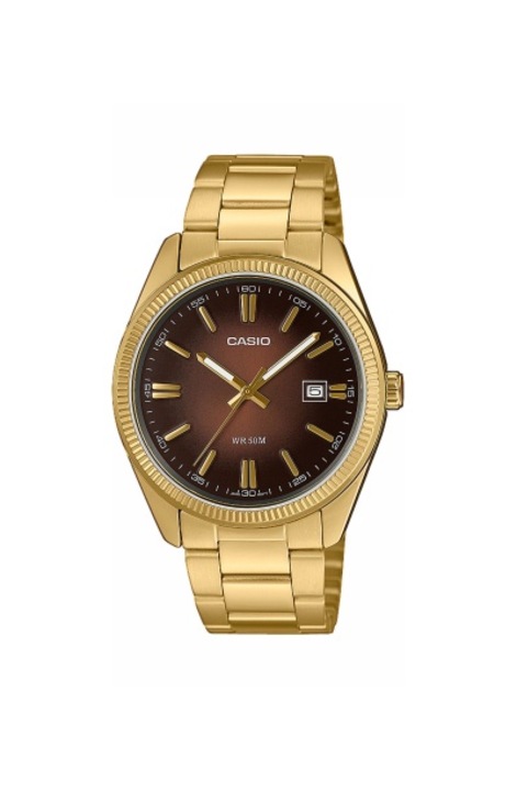 Ceasuri barbatesti Casio MTP-1302PGC-5AVEF, rezistent la apa 50m, display data, culoare auriu, dimensiune standard
