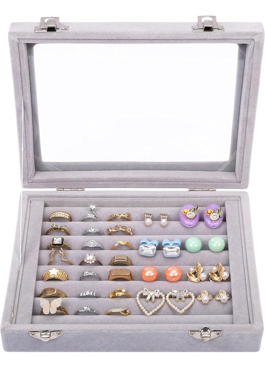 Cutie organizatoare pentru bijuterii Kurtzy, 7 compartimente pentru inele, capac din sticla, interior catifea, inchidere cu capse metalice, 20 x 15 x 4.7 cm, Gri
