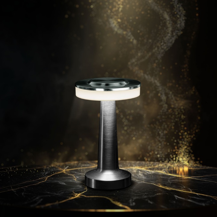 LED настолна лампа, сребриста, сензорно управление, 3 цветови температури, регулируема интензивност, безжична акумулаторна батерия, USB-C зареждане, метален корпус, 20 см