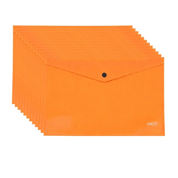 Set 12 mape plastic cu buton A4 Daco, 200 microni, Portocaliu