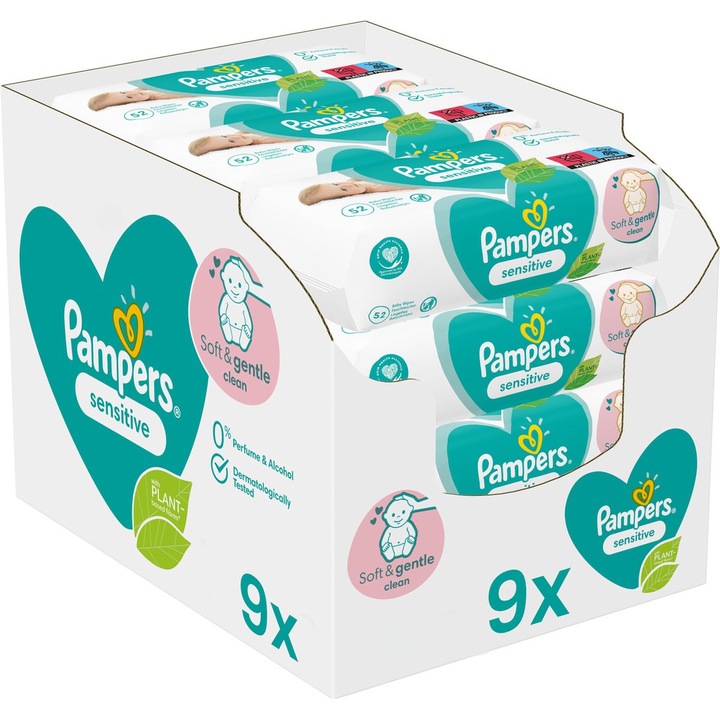 Мокри кърпички Pampers Sensitive, комплект 9 пакета x 52 броя, деликатно почистване, за чувствителна кожа
