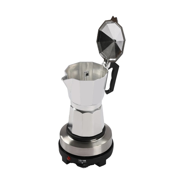 Cafetiera moka, Espressor electric, 500 W, 5 Niveluri, Temperatura reglabila, Plita de incalzire, Incalzire automata, Argintiu