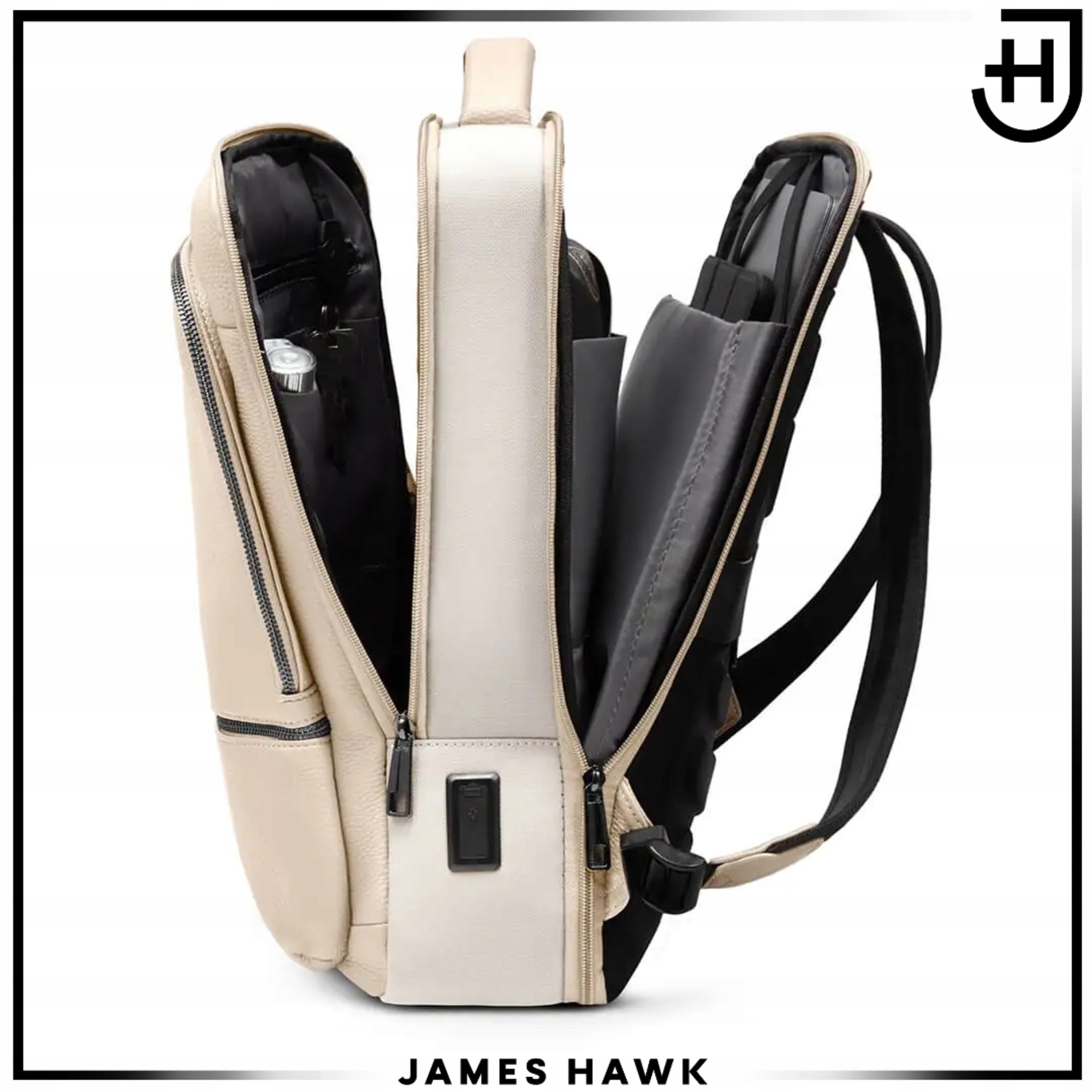 Rucsac Laptop Business Si Urban, James Hawk, Urban Elite, 15.6-16 Inch, Bej, Protectie Rfid, Port Usb Si Usb-C, 43x30x17 cm, Impermeabil, Compartimentat, Ergonomic, Design Modern, Elegant, Spate Ventilat, Scoala, Facultate, Munca, Office, Calitate Premium
