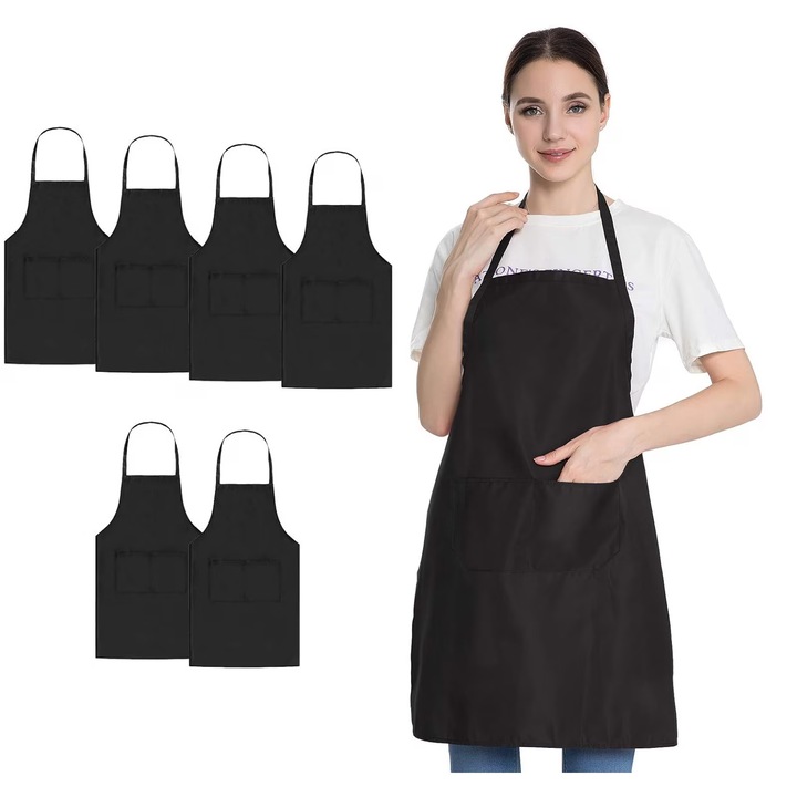 Set 6 Sorturi Profesionale, Negru, 75x65 cm, Poliester Rezistent, 2 Buzunare, Design Unisex, Prindere la Spate, Material Respirabil, Pentru Bucatarie si Activitati in Gradina, Dalimag