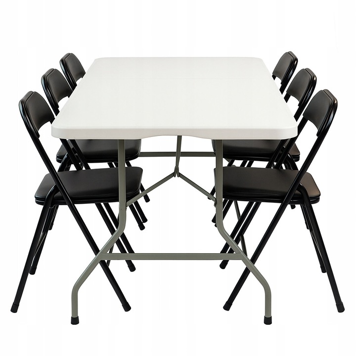 Set mobilier gradina Bankietowo, masa pliabila alba, 180x74x74cm + 6 scaune negre, otel